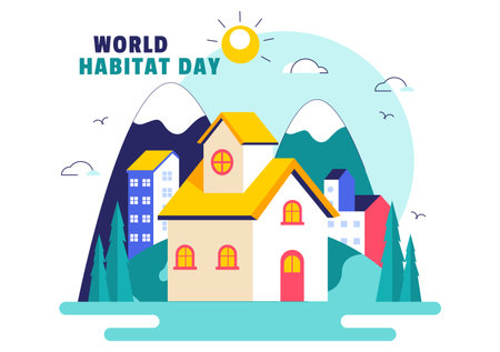 World Habitat Day Vector Illustration Featuring a Clean City, Natural Trees, and Urban Areas Representing Adequate Housing in a Flat Backgroundのイラスト素材