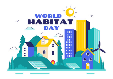 World Habitat Day Vector Illustration Featuring a Clean City, Natural Trees, and Urban Areas Representing Adequate Housing in a Flat Backgroundのイラスト素材