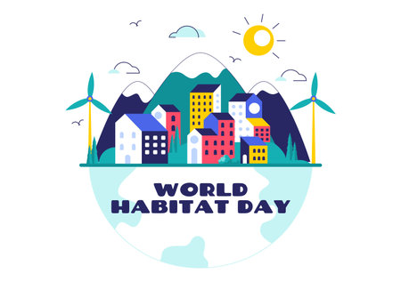 World Habitat Day Vector Illustration Featuring a Clean City, Natural Trees, and Urban Areas Representing Adequate Housing in a Flat Backgroundのイラスト素材