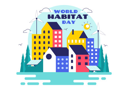 World Habitat Day Vector Illustration Featuring a Clean City, Natural Trees, and Urban Areas Representing Adequate Housing in a Flat Backgroundのイラスト素材