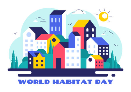 World Habitat Day Vector Illustration Featuring a Clean City, Natural Trees, and Urban Areas Representing Adequate Housing in a Flat Backgroundのイラスト素材