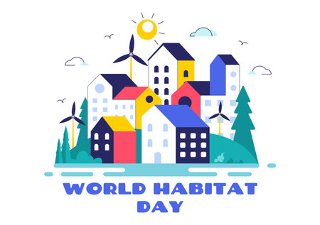 World Habitat Day Vector Illustration Featuring a Clean City, Natural Trees, and Urban Areas Representing Adequate Housing in a Flat Backgroundのイラスト素材