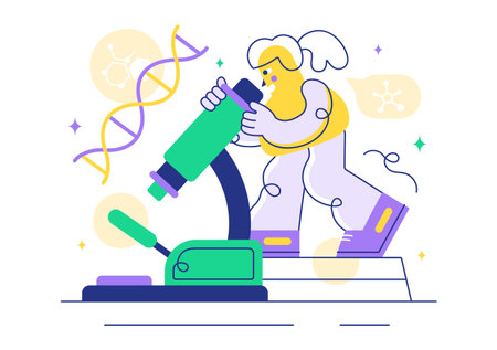 Genetics Vector Illustration featuring Science with DNA Molecule Structure, Research, and Experiment Scientists in a Technological Flat Backgroundのイラスト素材