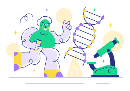Genetics Vector Illustration featuring Science with DNA Molecule Structure, Research, and Experiment Scientists in a Technological Flat Backgroundのイラスト素材