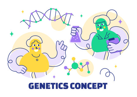 Genetics Vector Illustration featuring Science with DNA Molecule Structure, Research, and Experiment Scientists in a Technological Flat Backgroundのイラスト素材