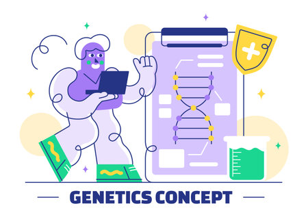Genetics Vector Illustration featuring Science with DNA Molecule Structure, Research, and Experiment Scientists in a Technological Flat Backgroundのイラスト素材