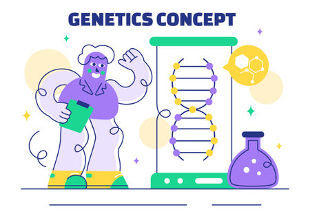 Genetics Vector Illustration featuring Science with DNA Molecule Structure, Research, and Experiment Scientists in a Technological Flat Backgroundのイラスト素材