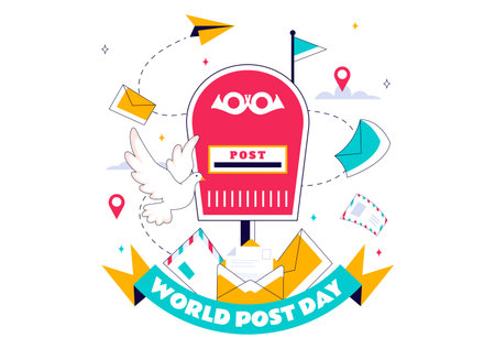 World Post Day Vector Illustration on October 9, Featuring a Red Mailbox Receiving Mail, Letters, and Parcels in a Flat Style Cartoon Backgroundのイラスト素材