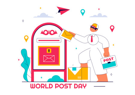 World Post Day Vector Illustration on October 9, Featuring a Red Mailbox Receiving Mail, Letters, and Parcels in a Flat Style Cartoon Backgroundのイラスト素材