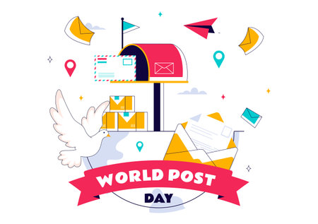 World Post Day Vector Illustration on October 9, Featuring a Red Mailbox Receiving Mail, Letters, and Parcels in a Flat Style Cartoon Backgroundのイラスト素材
