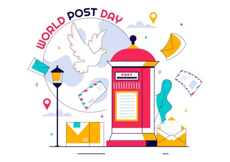 World Post Day Vector Illustration on October 9, Featuring a Red Mailbox Receiving Mail, Letters, and Parcels in a Flat Style Cartoon Backgroundのイラスト素材