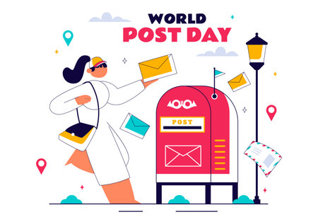 World Post Day Vector Illustration on October 9, Featuring a Red Mailbox Receiving Mail, Letters, and Parcels in a Flat Style Cartoon Backgroundのイラスト素材