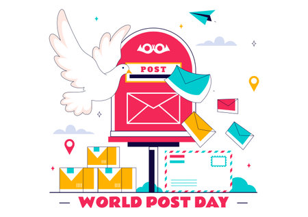 World Post Day Vector Illustration on October 9, Featuring a Red Mailbox Receiving Mail, Letters, and Parcels in a Flat Style Cartoon Backgroundのイラスト素材