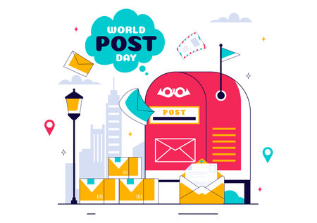 World Post Day Vector Illustration on October 9, Featuring a Red Mailbox Receiving Mail, Letters, and Parcels in a Flat Style Cartoon Backgroundのイラスト素材
