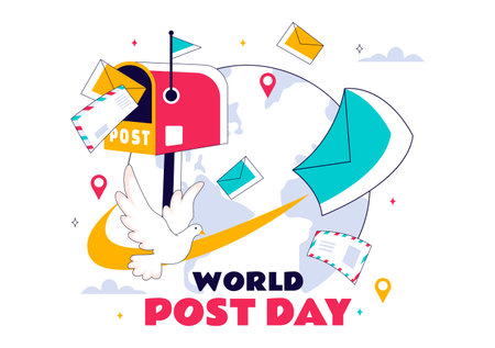World Post Day Vector Illustration on October 9, Featuring a Red Mailbox Receiving Mail, Letters, and Parcels in a Flat Style Cartoon Backgroundのイラスト素材