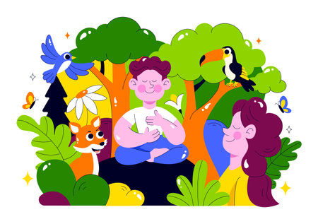 Forest Bathing Vector Illustration featuring a Person Surrounded by Tranquil Greenery, Wellness, Recreational Ecotherapy, and Connection with Natureのイラスト素材