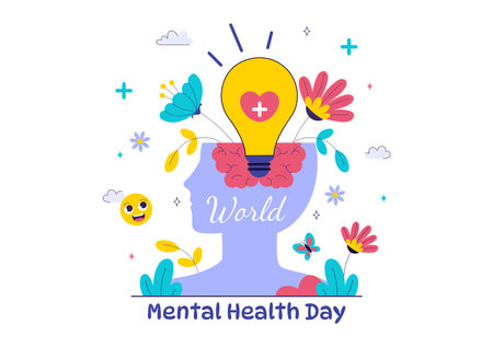 Mental Health Vector Illustration Featuring a Brain and Flowers, Symbolizing Enjoying Life, Solving Mental Problems, and Thinking Positivelyのイラスト素材