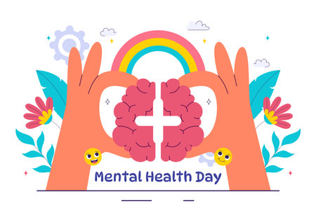 Mental Health Vector Illustration Featuring a Brain and Flowers, Symbolizing Enjoying Life, Solving Mental Problems, and Thinking Positivelyのイラスト素材