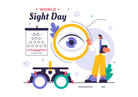 World Sight Day Vector Illustration for October 10, featuring Vision Inspection, Blindness, and Visual Impairment in a Flat Style Cartoon Backgroundのイラスト素材