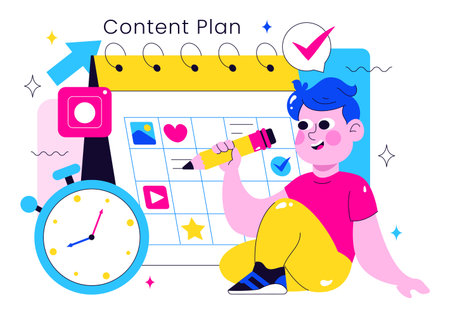 Social Media Content Planning Illustration Featuring People Making Notes on the Calendar with Scheduling Posts and Media Plan for Promotion Marketingのイラスト素材