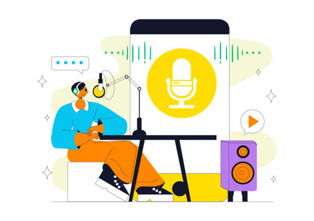 Podcast Studio Vector Illustration Featuring People Using Headsets to Record Audio, a Host Interviewing a Guest, or an Online Show with a Microphoneのイラスト素材