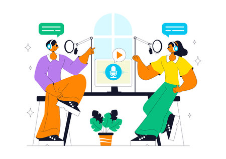 Podcast Studio Vector Illustration Featuring People Using Headsets to Record Audio, a Host Interviewing a Guest, or an Online Show with a Microphoneのイラスト素材