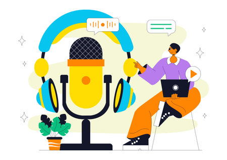 Podcast Studio Vector Illustration Featuring People Using Headsets to Record Audio, a Host Interviewing a Guest, or an Online Show with a Microphoneのイラスト素材