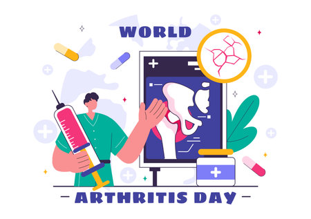 World Arthritis Day Illustration featuring Medical Treatment for Rheumatism and Osteoarthritis with an Xray Scan and Bone Structure in a Backgroundのイラスト素材
