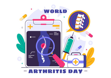 World Arthritis Day Illustration featuring Medical Treatment for Rheumatism and Osteoarthritis with an Xray Scan and Bone Structure in a Backgroundのイラスト素材