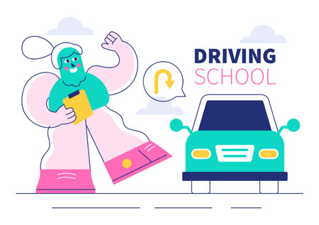 Driving School Vector Illustration Featuring the Educational Process of Car Training and Learning to Drive to Obtain a Drivers License in a Backgroundのイラスト素材