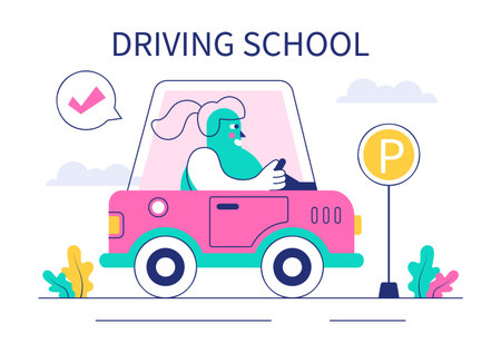 Driving School Vector Illustration Featuring the Educational Process of Car Training and Learning to Drive to Obtain a Drivers License in a Backgroundのイラスト素材