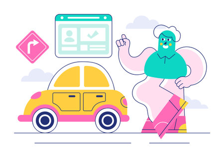 Driving School Vector Illustration Featuring the Educational Process of Car Training and Learning to Drive to Obtain a Drivers License in a Backgroundのイラスト素材