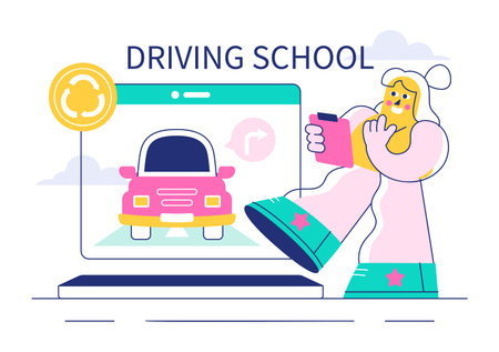 Driving School Vector Illustration Featuring the Educational Process of Car Training and Learning to Drive to Obtain a Drivers License in a Backgroundのイラスト素材