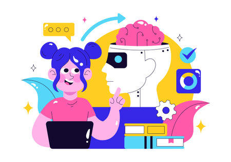 Machine Learning Vector Illustration featuring Artificial Intelligence Jobs, Scientists Working with Big Data and Technology Engineers in a Backgroundのイラスト素材