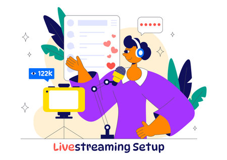 Live Streaming Setup Vector Illustration Featuring People as Online Streamers with Multiple Screens, Microphones, and Headphones in a Flat Backgroundのイラスト素材