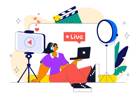 Live Streaming Setup Vector Illustration Featuring People as Online Streamers with Multiple Screens, Microphones, and Headphones in a Flat Backgroundのイラスト素材