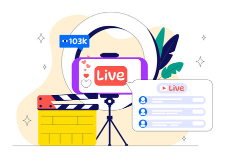 Live Streaming Setup Vector Illustration Featuring People as Online Streamers with Multiple Screens, Microphones, and Headphones in a Flat Backgroundのイラスト素材