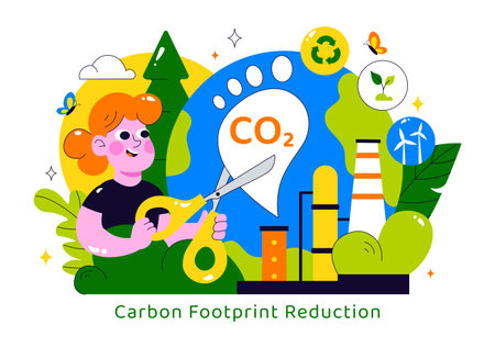 Carbon Footprint Reduction Illustration featuring Environmental Pollution Effect Analysis with CO2, Impact on Nature, Climate, and Global Eco Balanceのイラスト素材