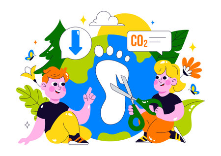 Carbon Footprint Reduction Illustration featuring Environmental Pollution Effect Analysis with CO2, Impact on Nature, Climate, and Global Eco Balanceのイラスト素材