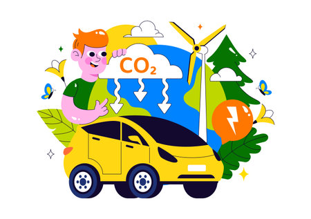 Carbon Footprint Reduction Illustration featuring Environmental Pollution Effect Analysis with CO2, Impact on Nature, Climate, and Global Eco Balanceのイラスト素材
