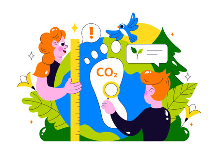 Carbon Footprint Reduction Illustration featuring Environmental Pollution Effect Analysis with CO2, Impact on Nature, Climate, and Global Eco Balanceのイラスト素材