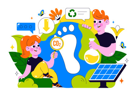 Carbon Footprint Reduction Illustration featuring Environmental Pollution Effect Analysis with CO2, Impact on Nature, Climate, and Global Eco Balanceのイラスト素材