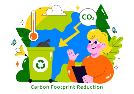 Carbon Footprint Reduction Illustration featuring Environmental Pollution Effect Analysis with CO2, Impact on Nature, Climate, and Global Eco Balanceのイラスト素材