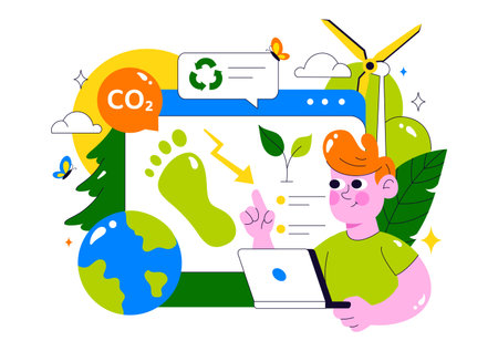 Carbon Footprint Reduction Illustration featuring Environmental Pollution Effect Analysis with CO2, Impact on Nature, Climate, and Global Eco Balanceのイラスト素材