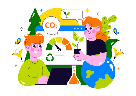 Carbon Footprint Reduction Illustration featuring Environmental Pollution Effect Analysis with CO2, Impact on Nature, Climate, and Global Eco Balanceのイラスト素材