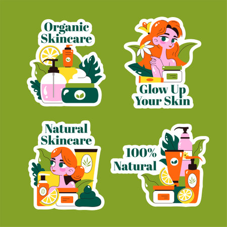 Skincare Tips and Organic Beauty Label Design for Social Media in Cartoon Flat Styleのイラスト素材