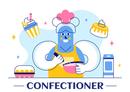 Vector Illustration of a Confectioner Chef Wearing an Apron While Preparing Delicious Desserts, Sweet Products, and Pastries in a Flat Backgroundのイラスト素材