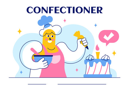 Vector Illustration of a Confectioner Chef Wearing an Apron While Preparing Delicious Desserts, Sweet Products, and Pastries in a Flat Backgroundのイラスト素材