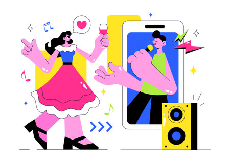 Virtual Concert Illustration Featuring a Metaverse Concept with People Watching a Musical Concerts, Interacting, and Exploring in a Virtual Worldのイラスト素材