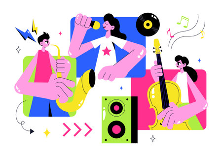 Virtual Concert Illustration Featuring a Metaverse Concept with People Watching a Musical Concerts, Interacting, and Exploring in a Virtual Worldのイラスト素材